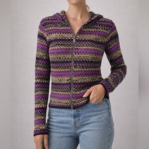 Missoni Zip Front Knit Cardigan Jacket Multicolor Zigzag Hooded Cropped Size 42